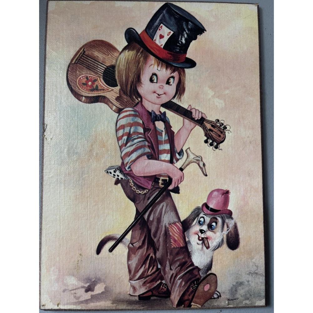 Vintage Big Eye Wall Art Massimo Retro Hobo Kid With Dog Made in Italy 8x11